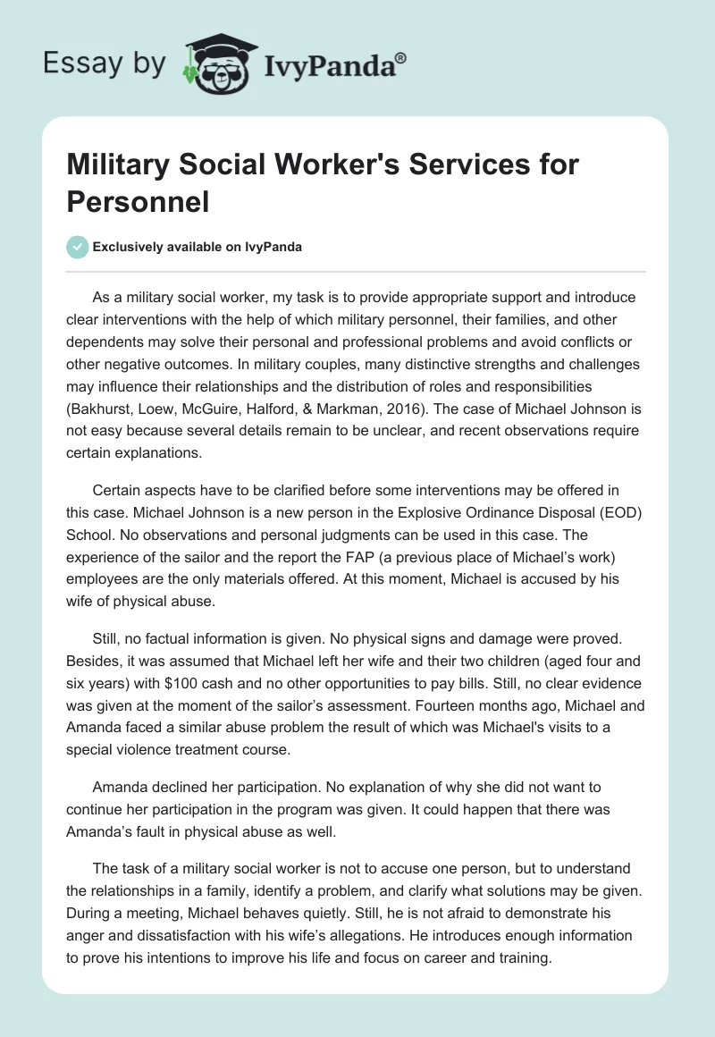 Military Social Worker's Services for Personnel. Page 1