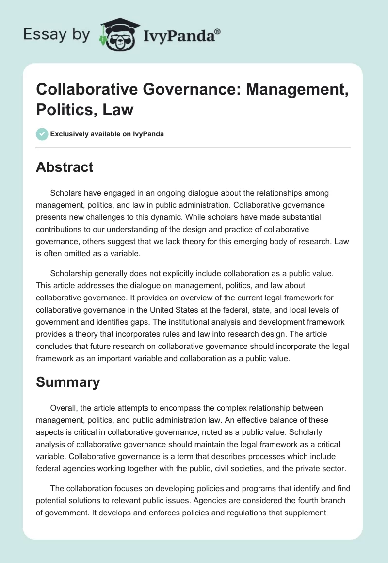 Collaborative Governance: Management, Politics, Law. Page 1