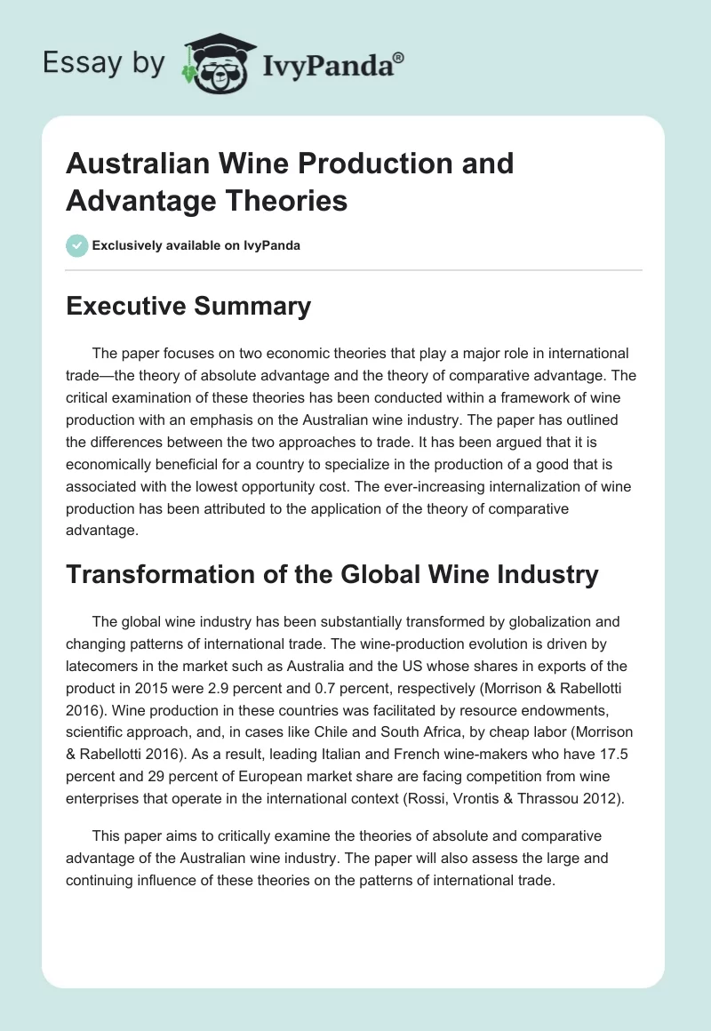 Australian Wine Production and Advantage Theories. Page 1