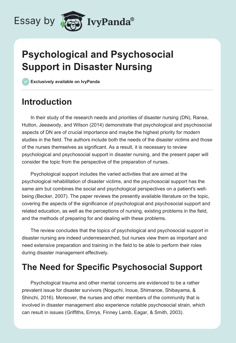 Psychological and Psychosocial Support in Disaster Nursing. Page 1