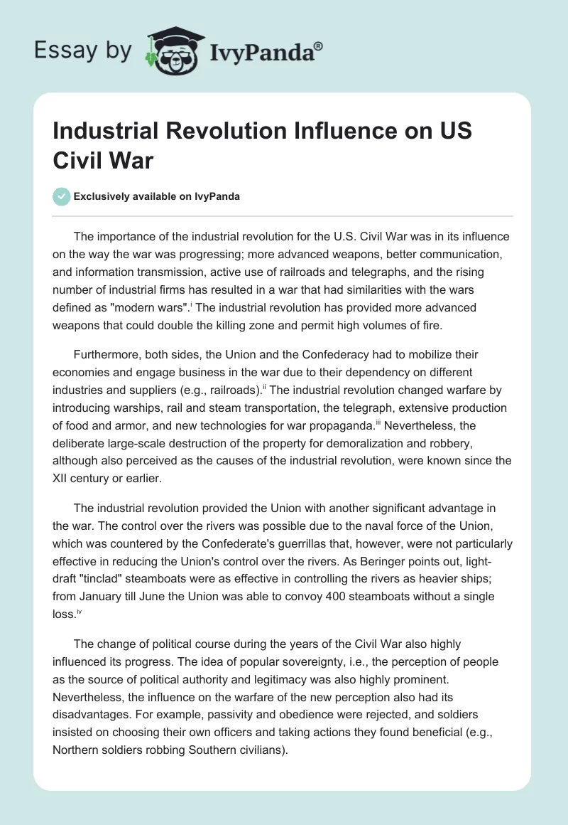 Industrial Revolution Influence on US Civil War. Page 1