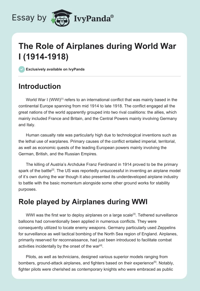 The Role of Airplanes During World War I (1914-1918). Page 1