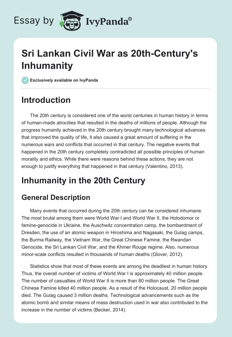 Sri Lankan Civil War as 20th-Century's Inhumanity. Page 1