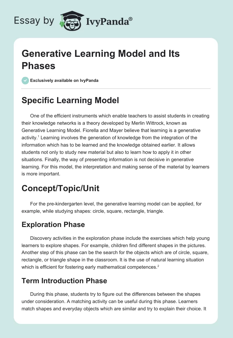 Generative Learning Model and Its Phases. Page 1