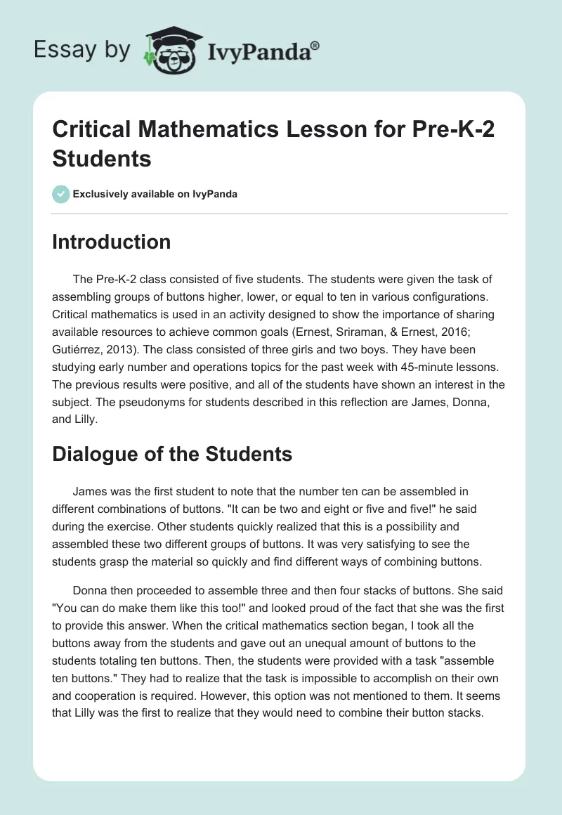 Critical Mathematics Lesson for Pre-K-2 Students. Page 1
