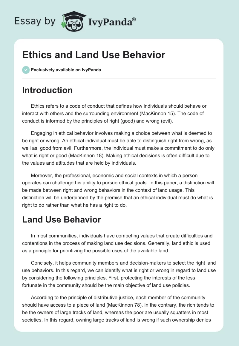 Ethics and Land Use Behavior. Page 1