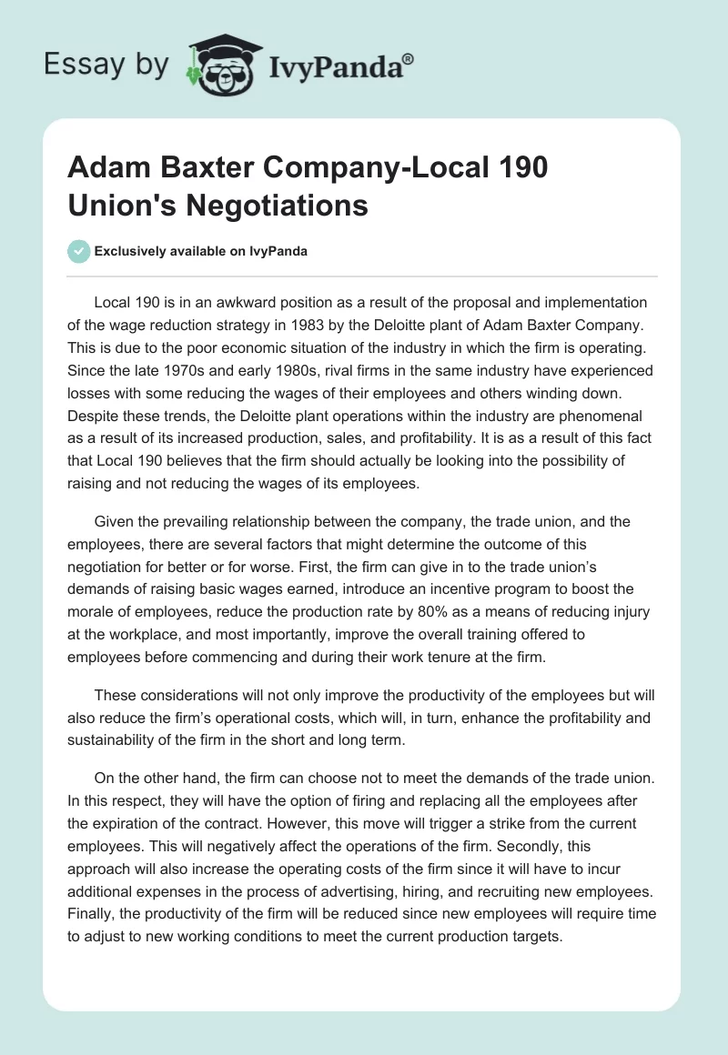 Adam Baxter Company-Local 190 Union's Negotiations. Page 1