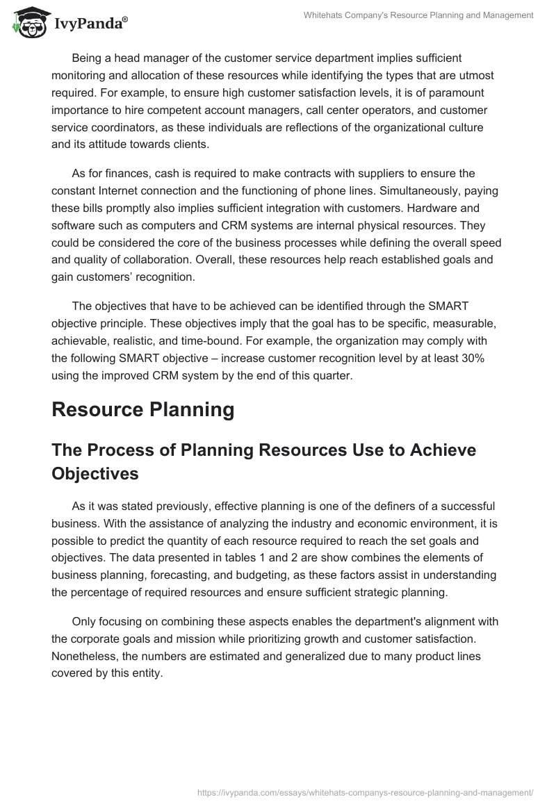 Whitehats Company's Resource Planning and Management. Page 2