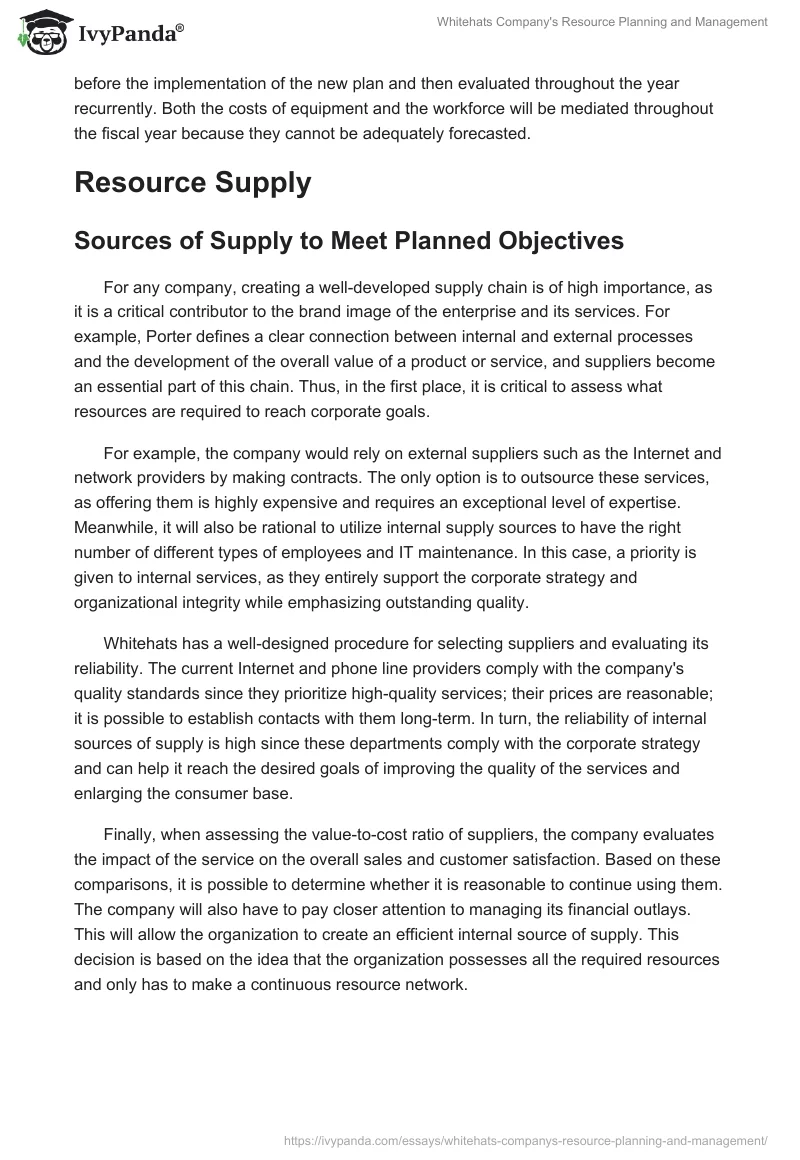 Whitehats Company's Resource Planning and Management. Page 5