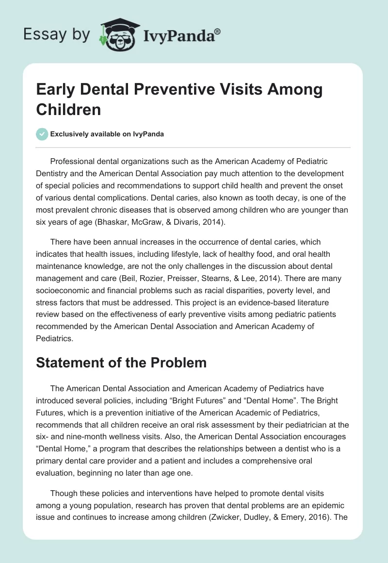 Early Dental Preventive Visits Among Children. Page 1