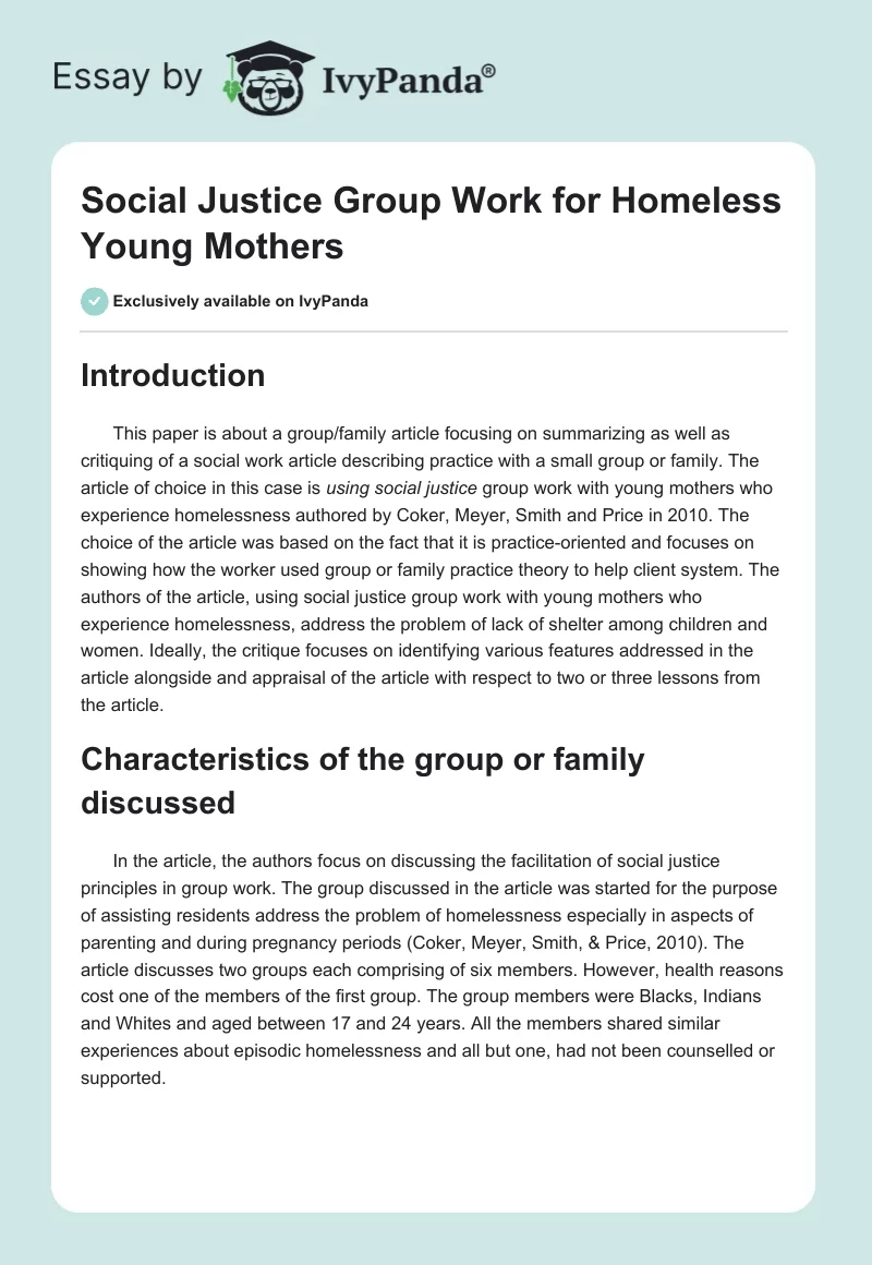 Social Justice Group Work for Homeless Young Mothers. Page 1
