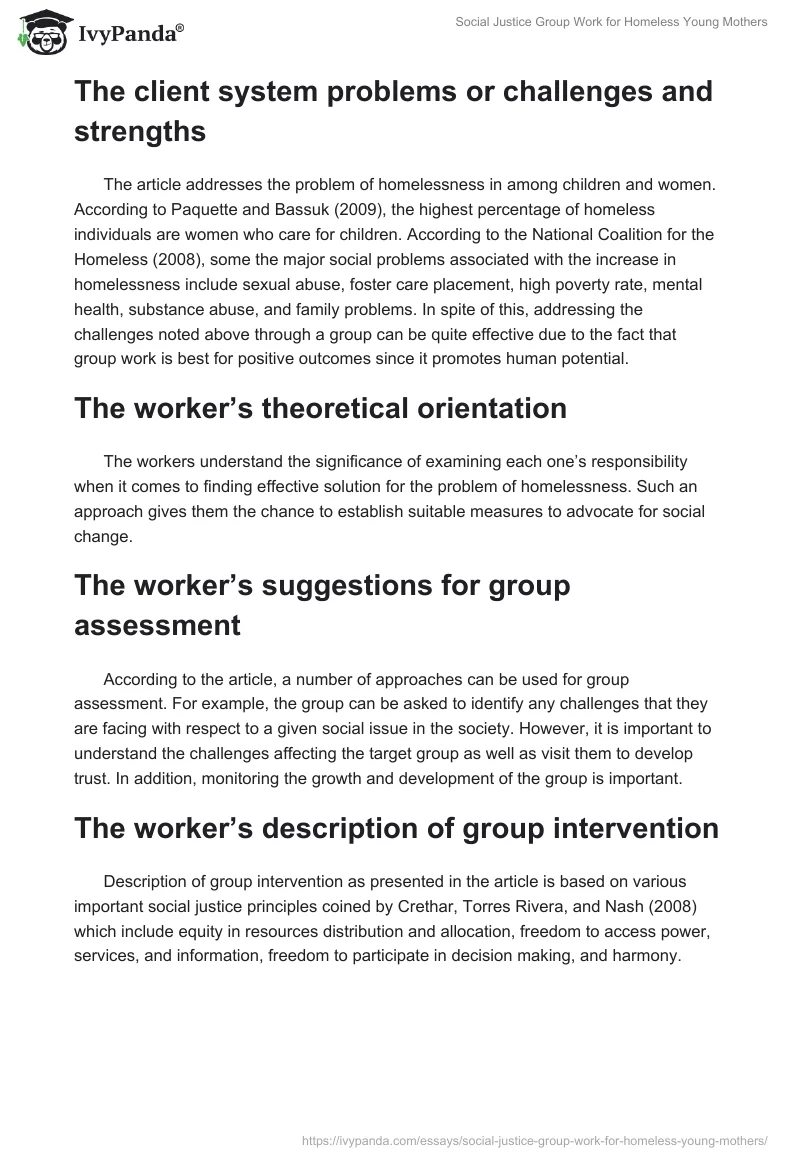 Social Justice Group Work for Homeless Young Mothers. Page 2