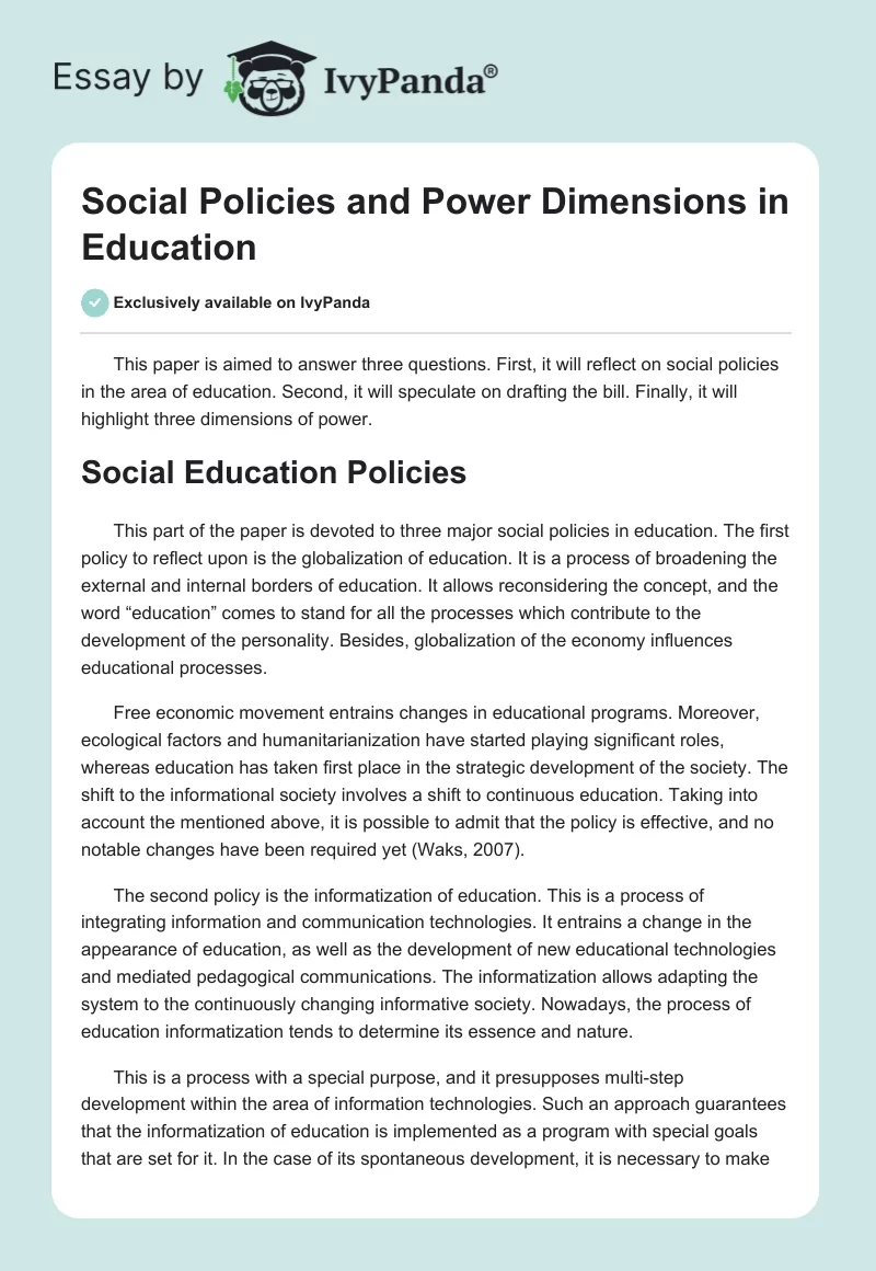 Social Policies and Power Dimensions in Education. Page 1