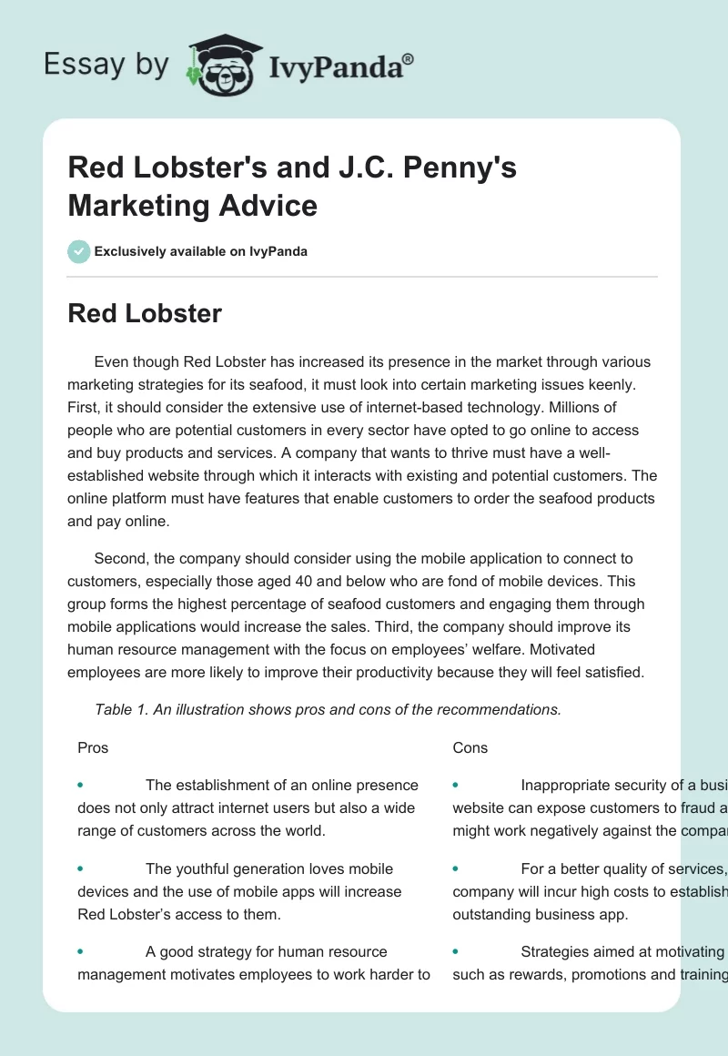 Red Lobster's and J.C. Penny's Marketing Advice. Page 1