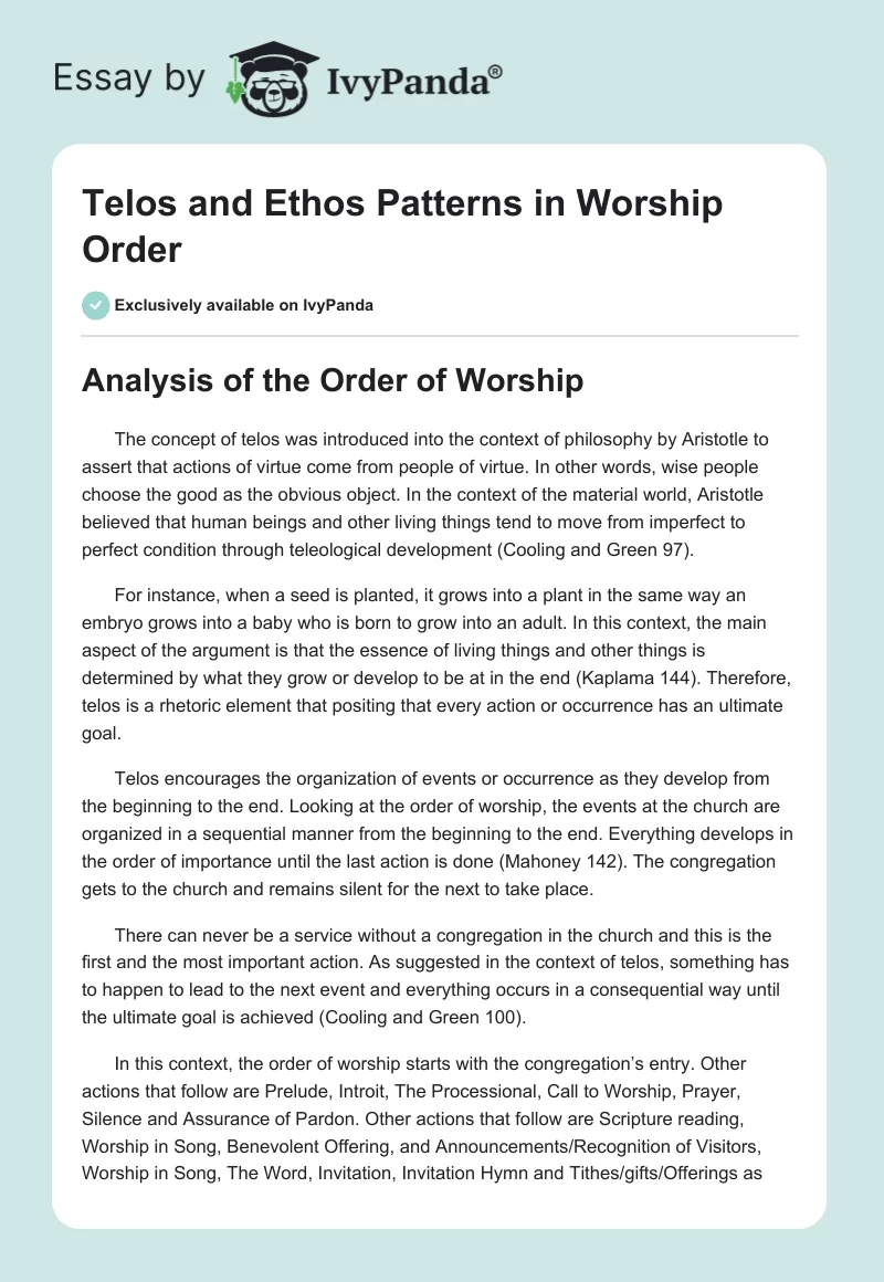Telos and Ethos Patterns in Worship Order. Page 1