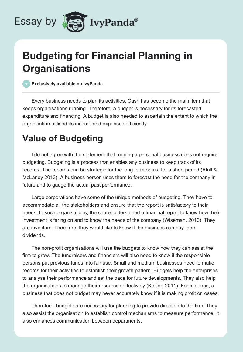 Budgeting for Financial Planning in Organisations. Page 1