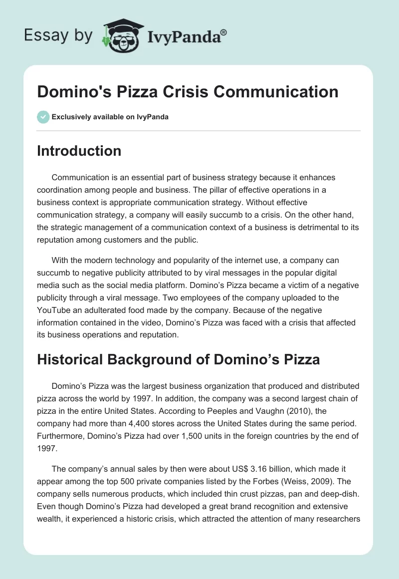 Domino's Pizza Crisis Communication. Page 1