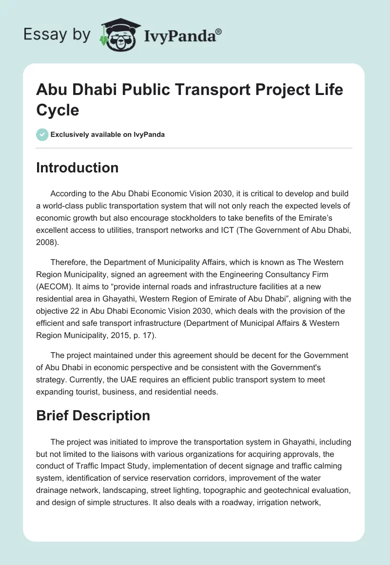 Abu Dhabi Public Transport Project Life Cycle. Page 1