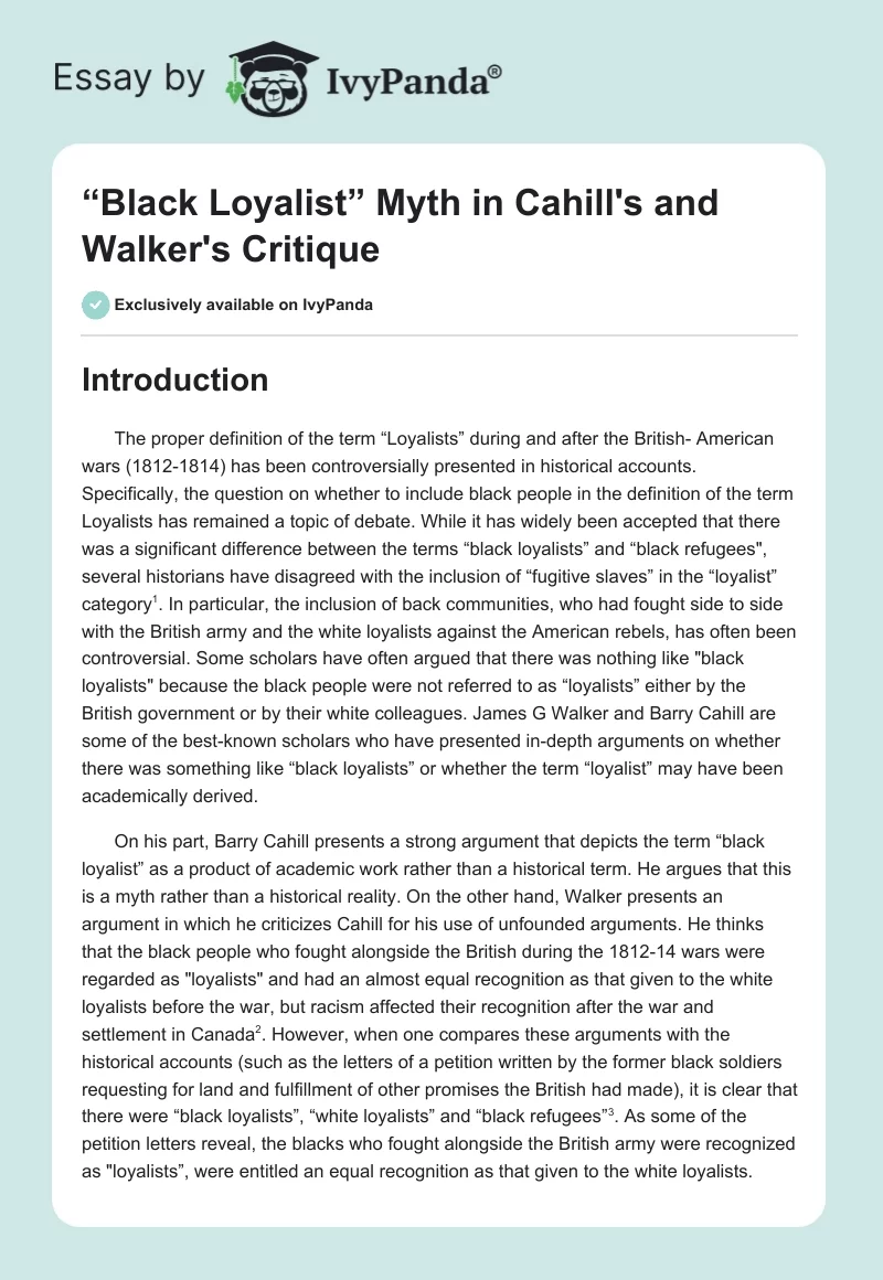 “Black Loyalist” Myth in Cahill's and Walker's Critique. Page 1