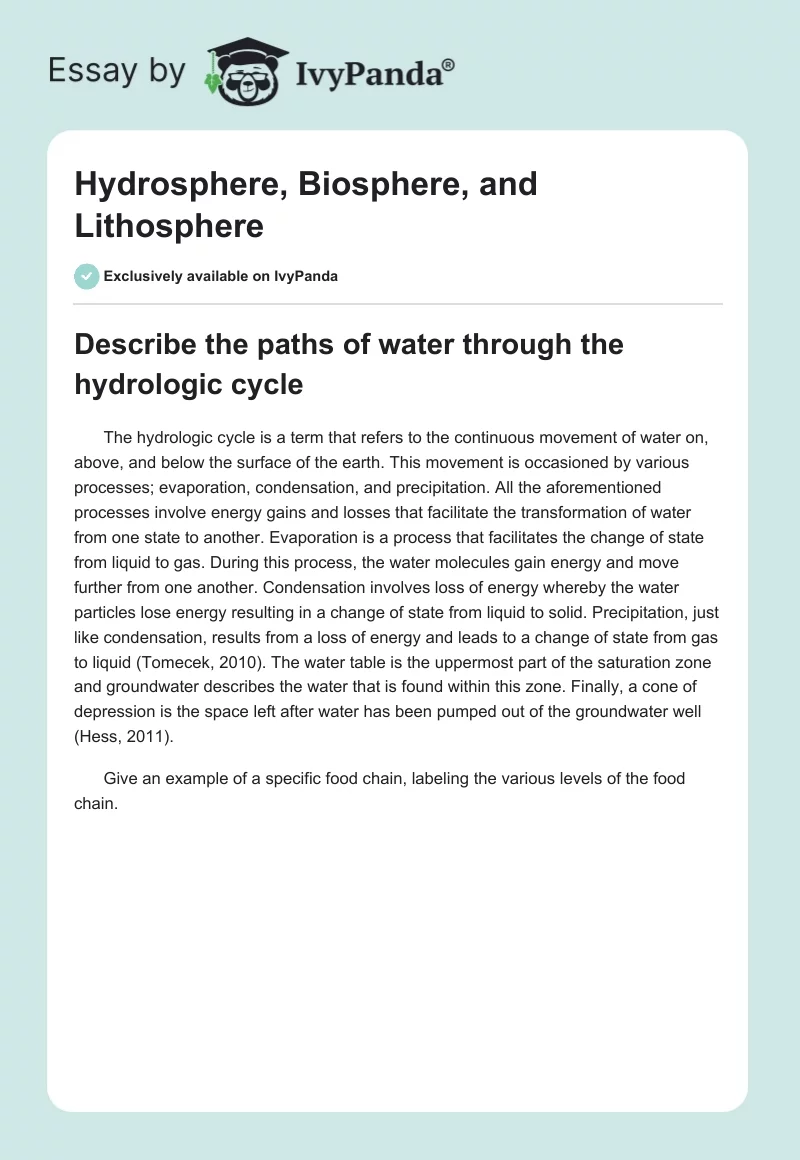 Hydrosphere, Biosphere, and Lithosphere. Page 1