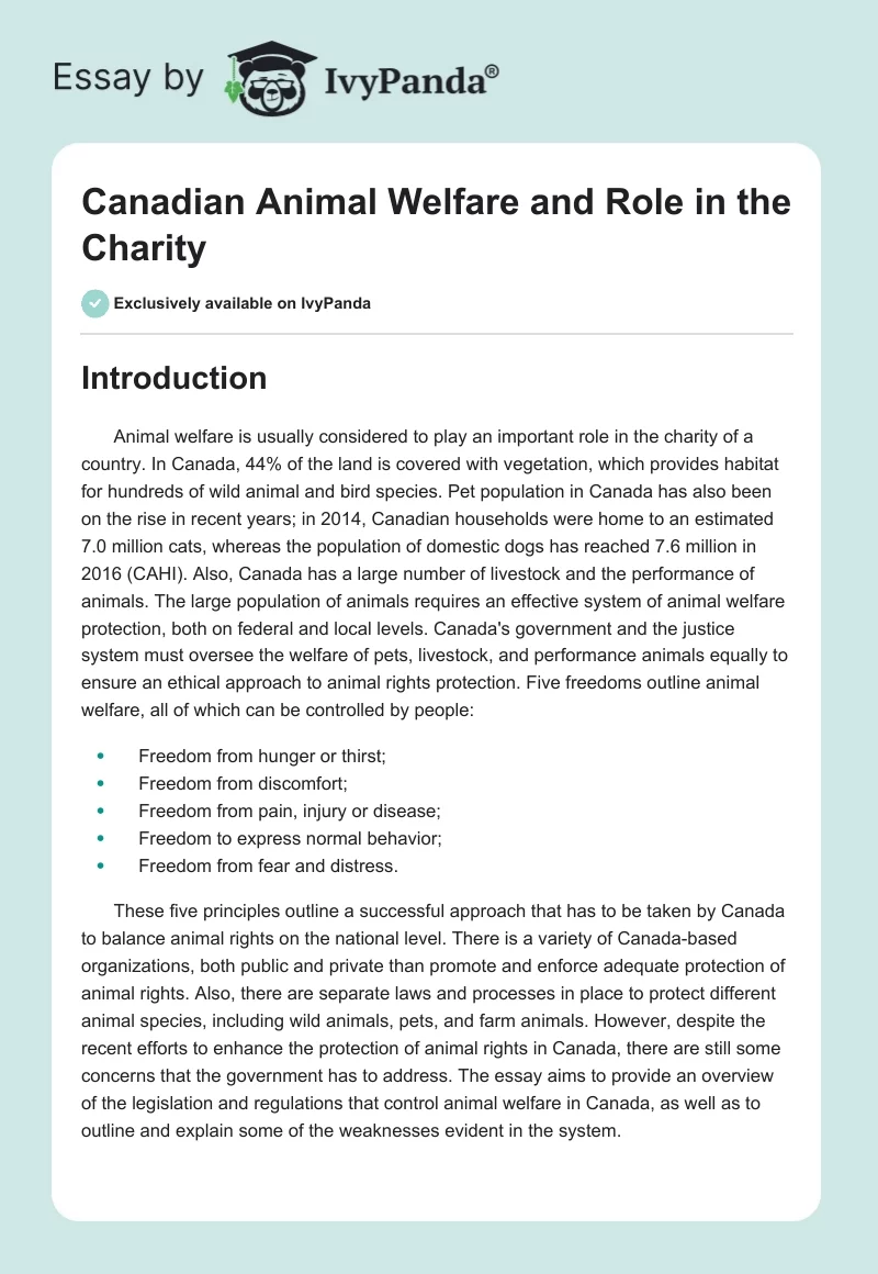 Canadian Animal Welfare and Role in the Charity. Page 1