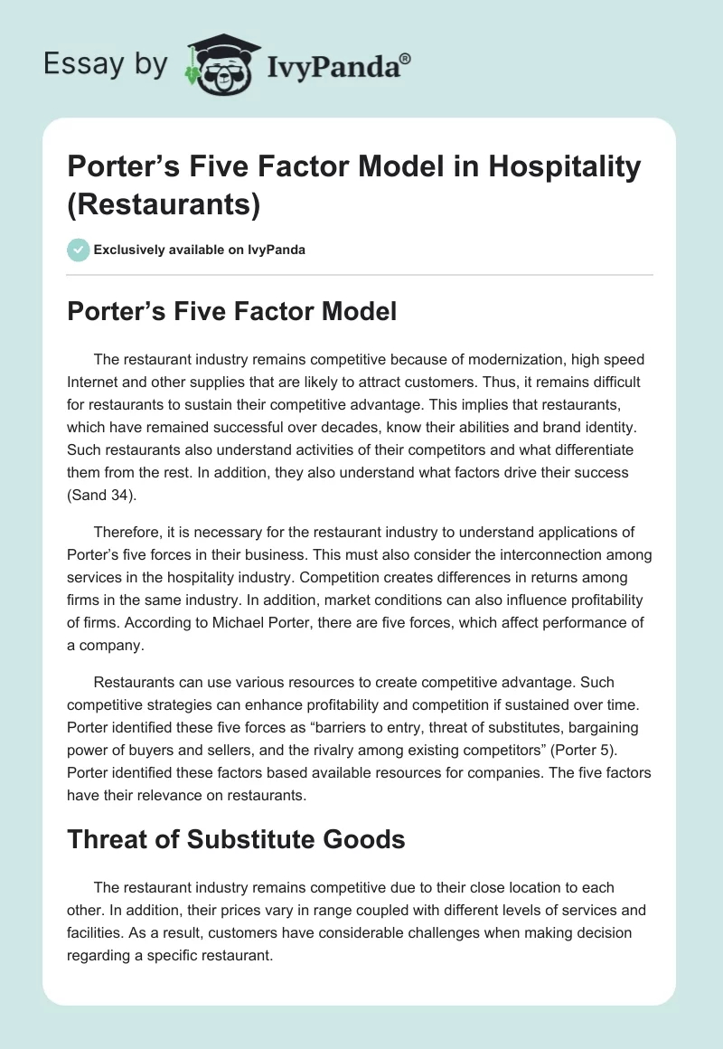 Porter’s Five Factor Model in Hospitality (Restaurants). Page 1