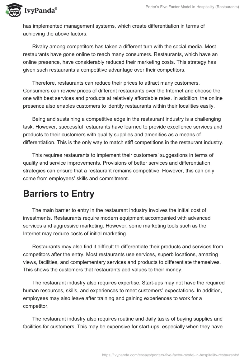 Porter’s Five Factor Model in Hospitality (Restaurants). Page 3