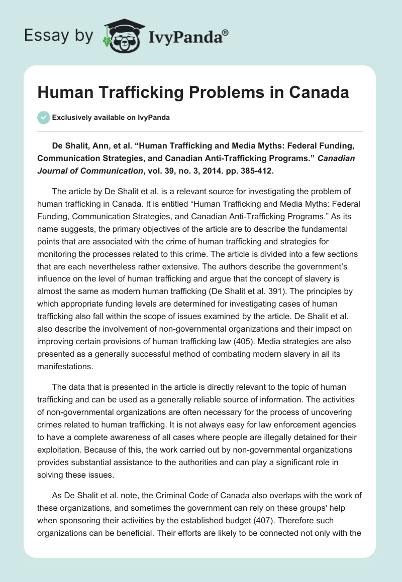 Human Trafficking Problems in Canada. Page 1