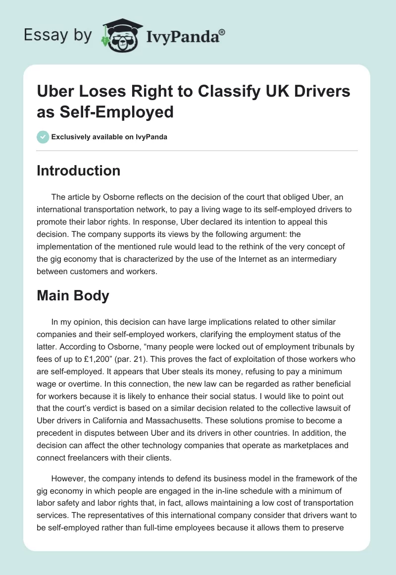 Uber Loses Right to Classify UK Drivers as Self-Employed. Page 1