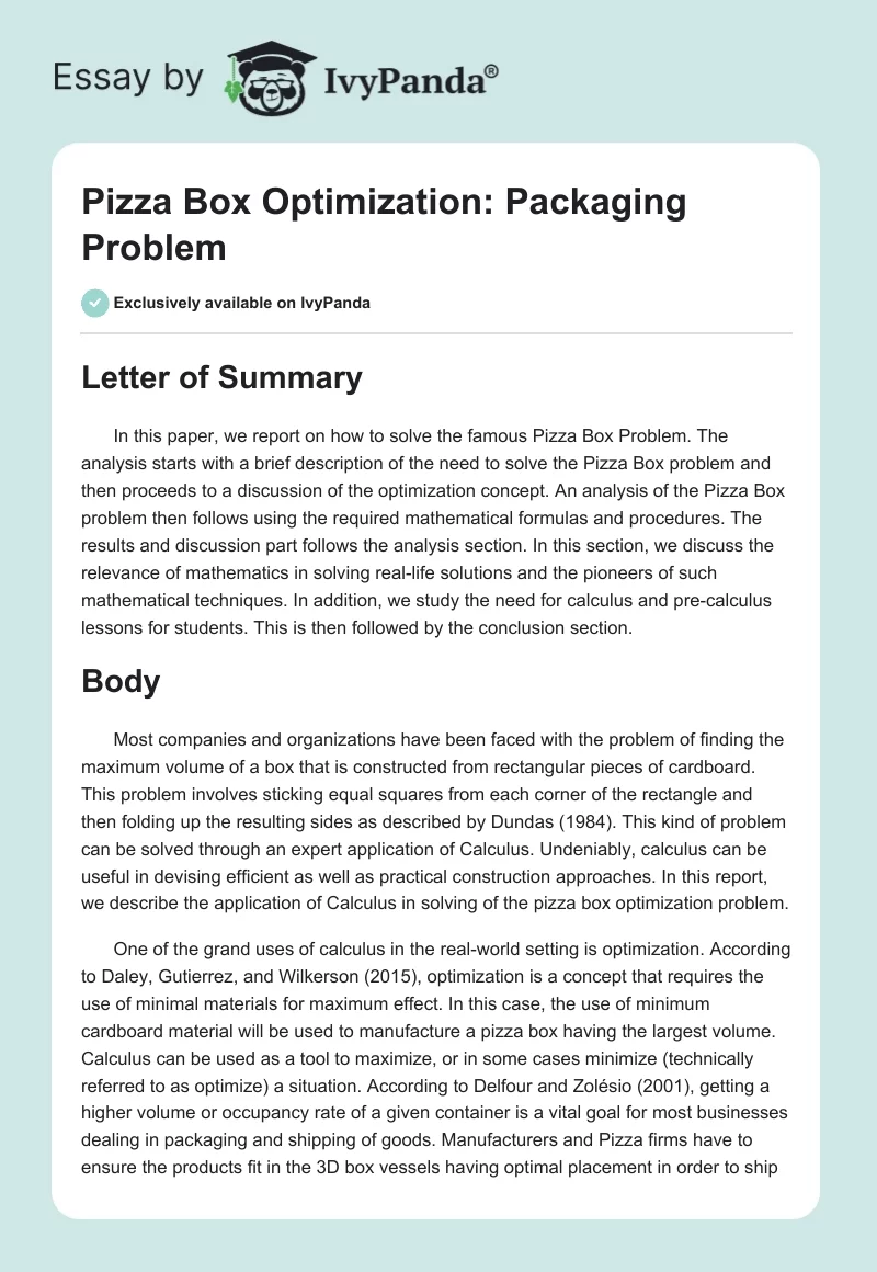 Pizza Box Optimization: Packaging Problem. Page 1
