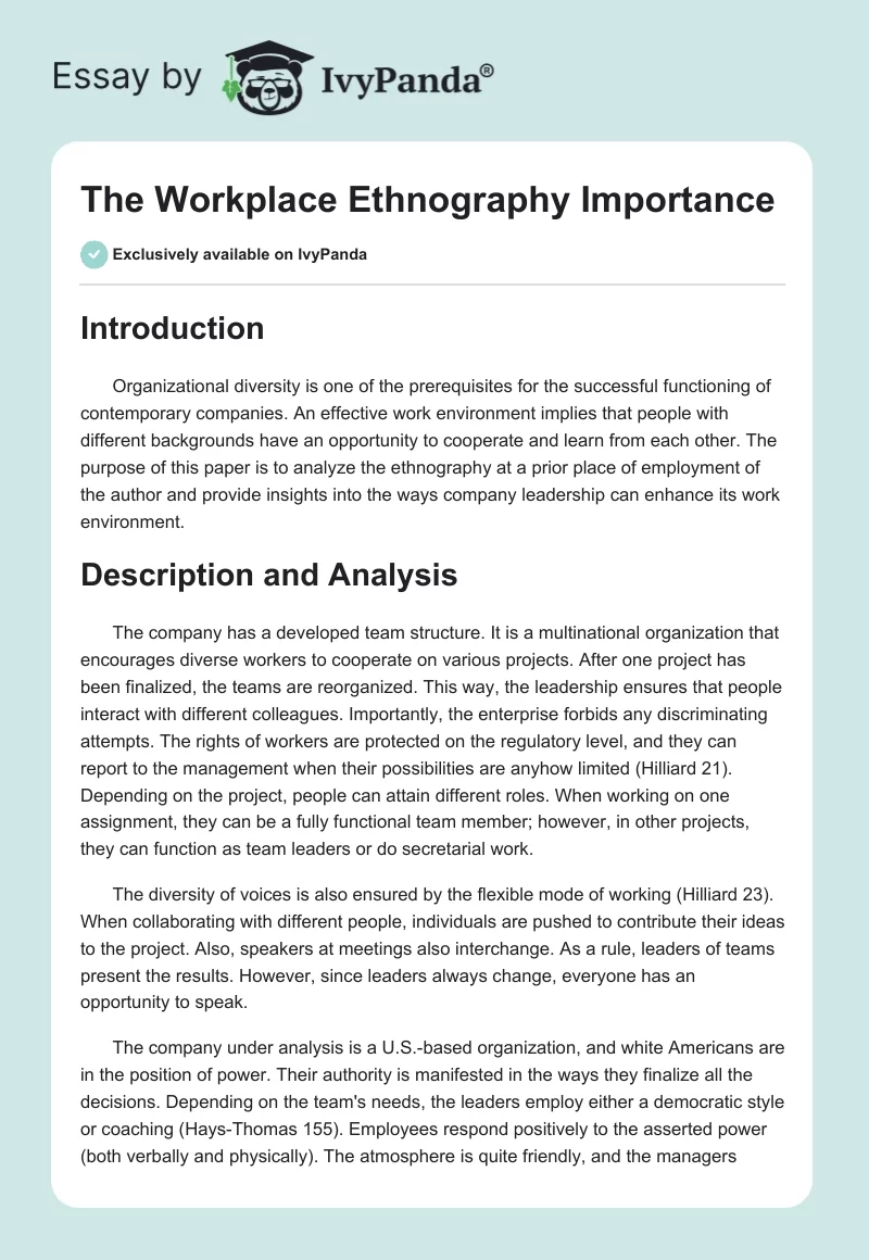 The Workplace Ethnography Importance. Page 1