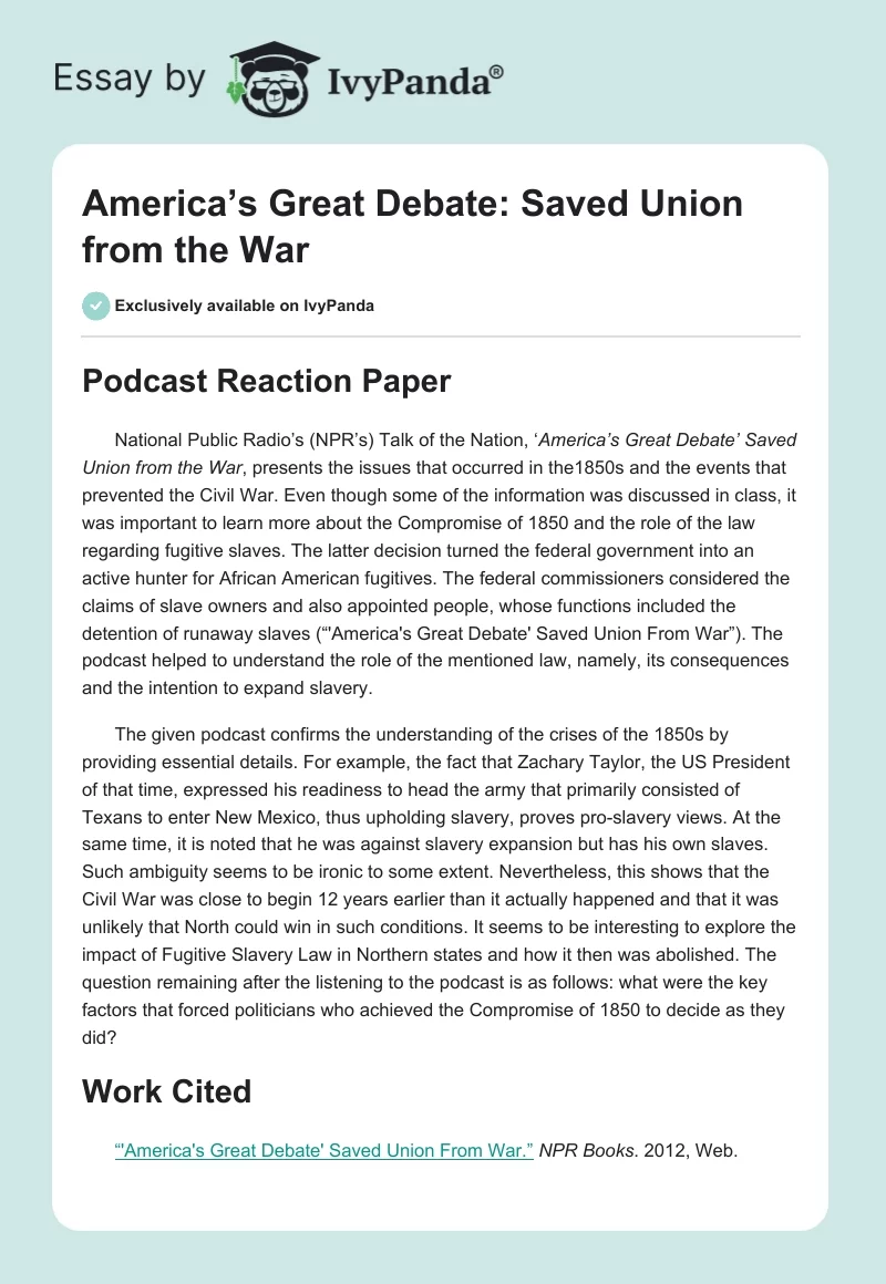 America’s Great Debate: Saved Union from the War. Page 1