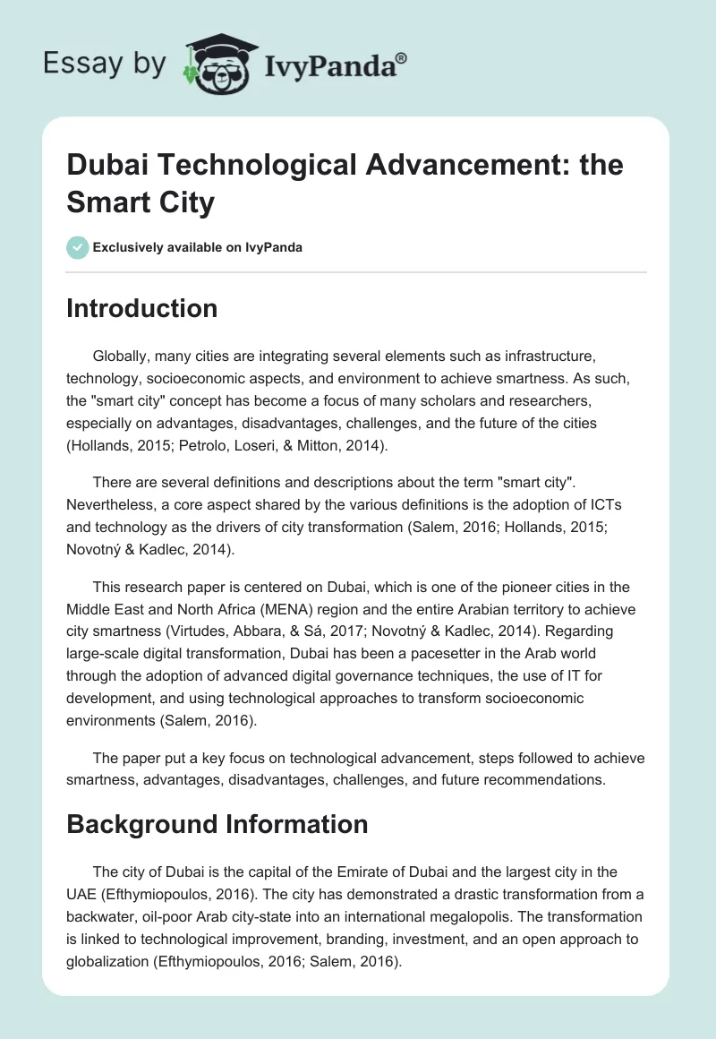 Dubai Technological Advancement: the Smart City. Page 1