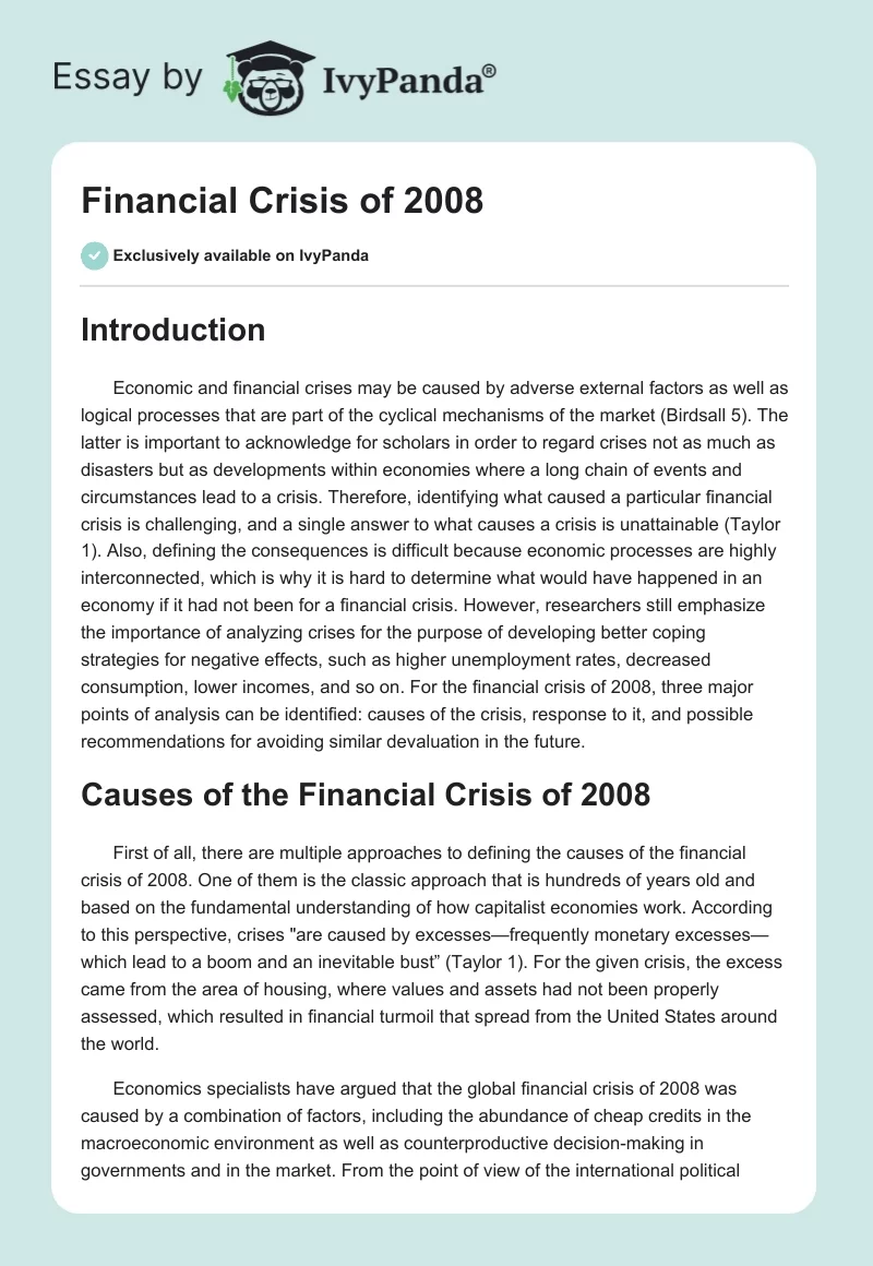 Financial Crisis of 2008. Page 1
