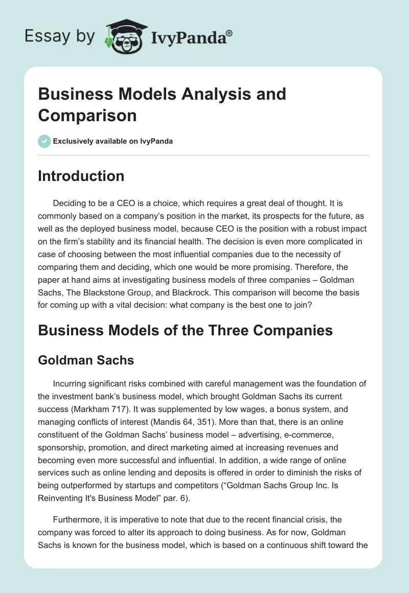 Business Models Analysis and Comparison. Page 1
