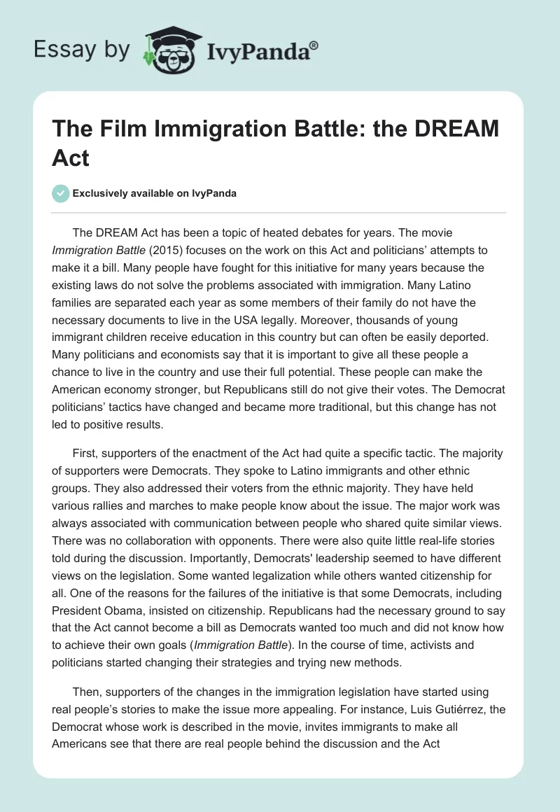 The Film "Immigration Battle": the DREAM Act. Page 1