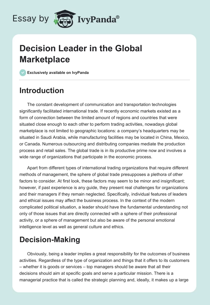 Decision Leader in the Global Marketplace. Page 1
