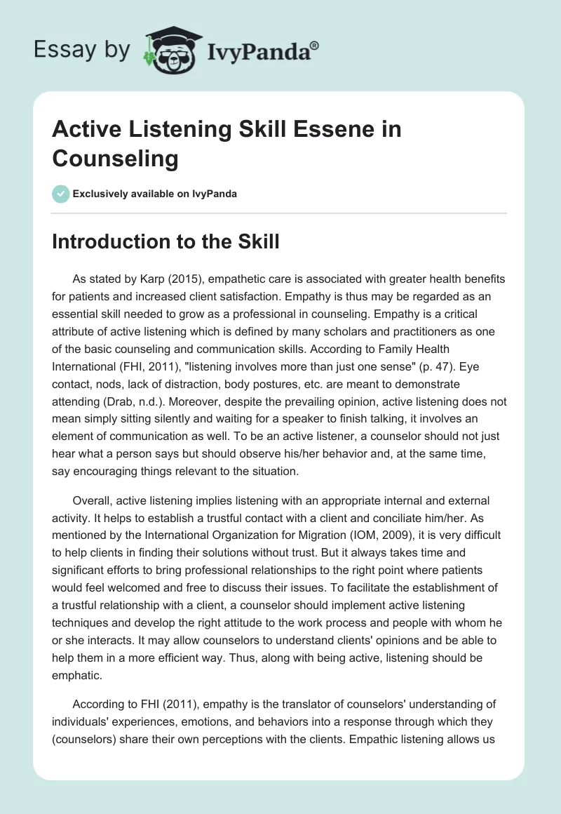 Active Listening Skill Essene in Counseling. Page 1