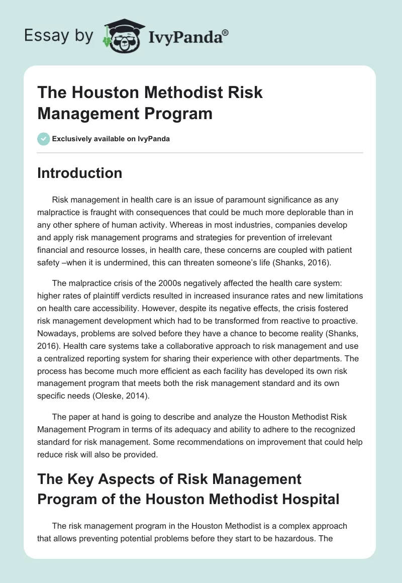 The Houston Methodist Risk Management Program. Page 1