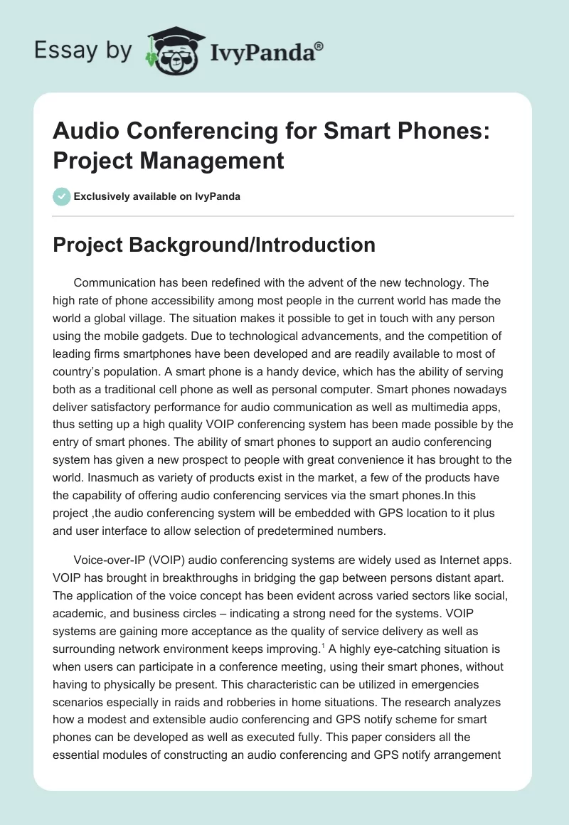 Audio Conferencing for Smart Phones: Project Management. Page 1