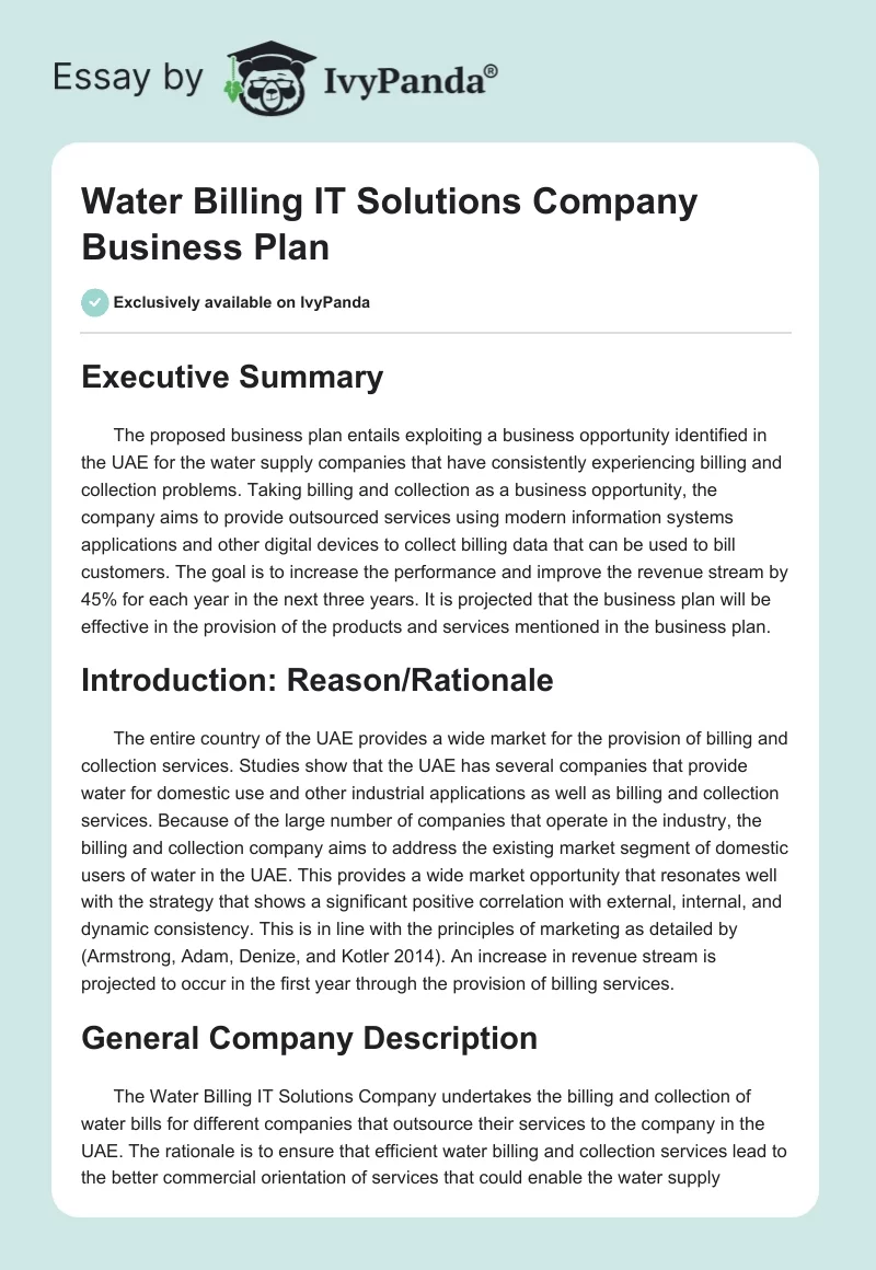 Water Billing IT Solutions Company Business Plan. Page 1