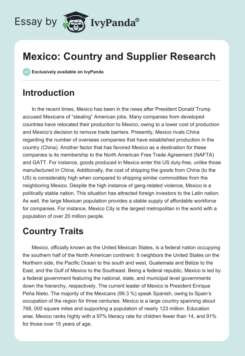 Mexico: Country and Supplier Research. Page 1
