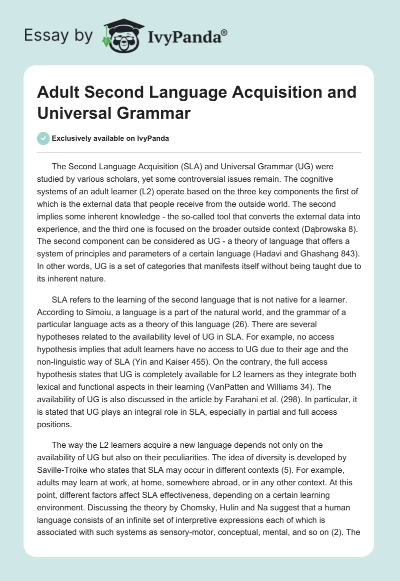 Adult Second Language Acquisition and Universal Grammar. Page 1
