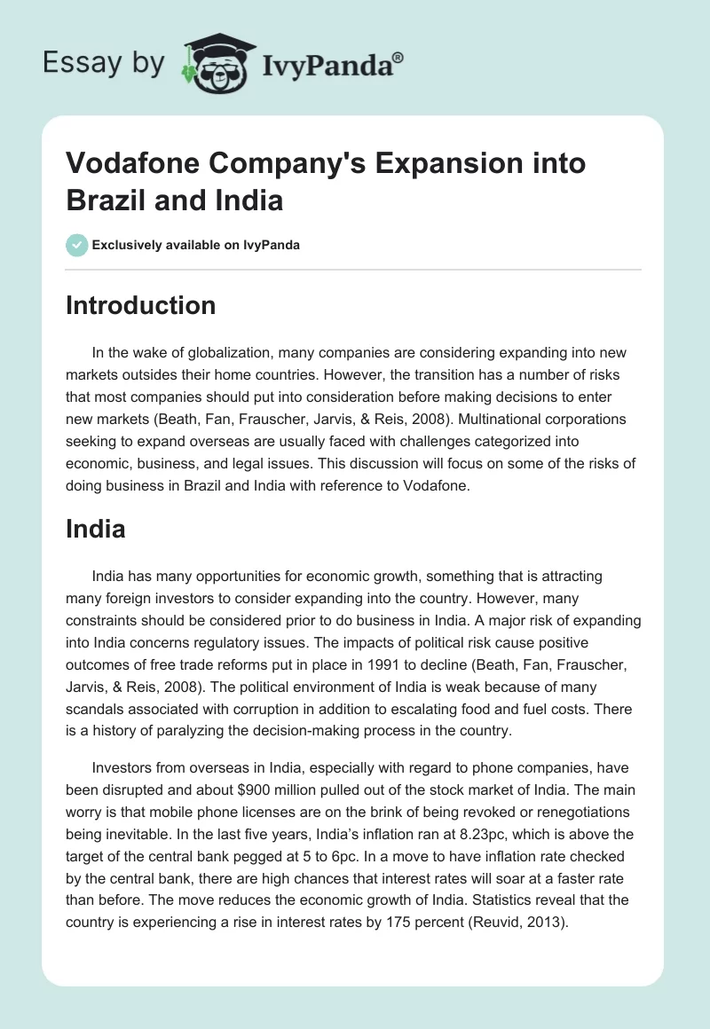 Vodafone Company's Expansion into Brazil and India. Page 1