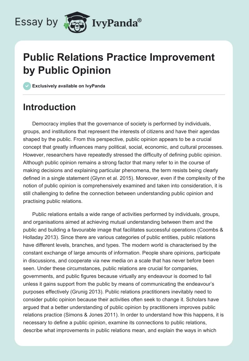 Public Relations Practice Improvement by Public Opinion. Page 1