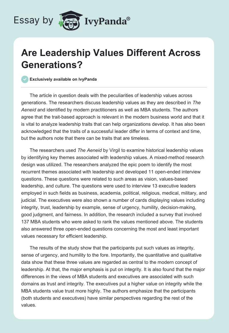 Are Leadership Values Different Across Generations?. Page 1