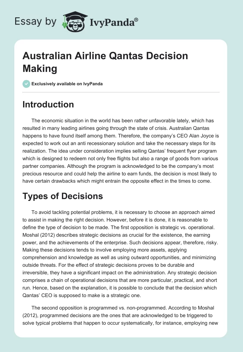 Australian Airline Qantas Decision Making. Page 1