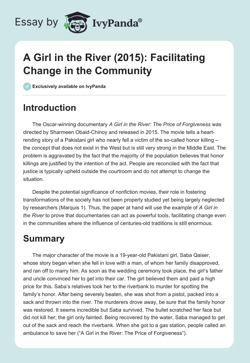 A Girl in the River (2015): Facilitating Change in the Community. Page 1