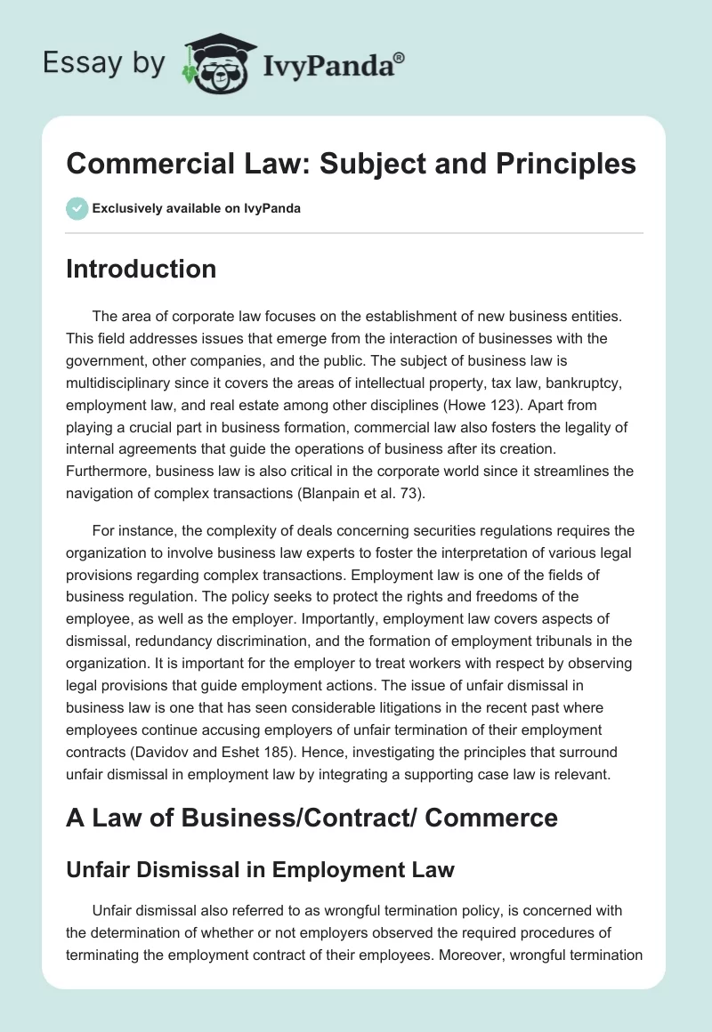 Commercial Law: Subject and Principles. Page 1