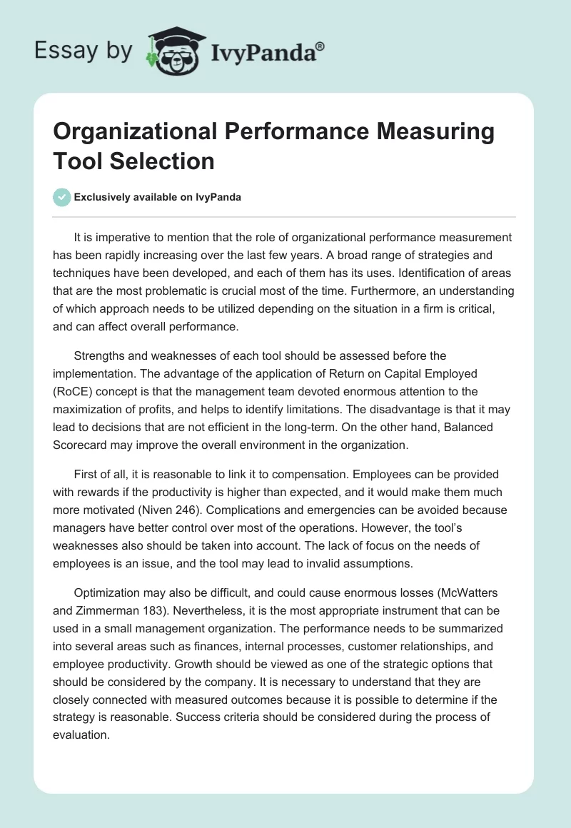 Organizational Performance Measuring Tool Selection. Page 1
